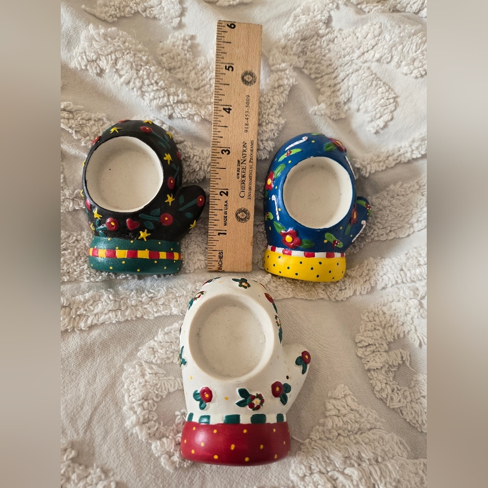 Colorful Mary Englebreit Ceramic Winter Holiday Mitten Candle Holders Set Of 3